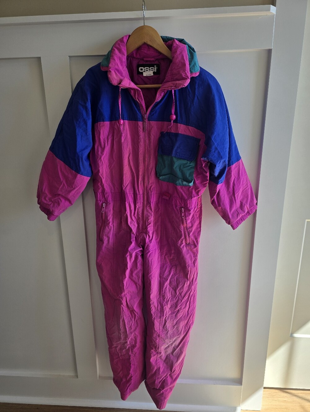 Vintage 80s/90s Ossi Pink & Royal Blue One-Piece Ski Suit Size 11/12